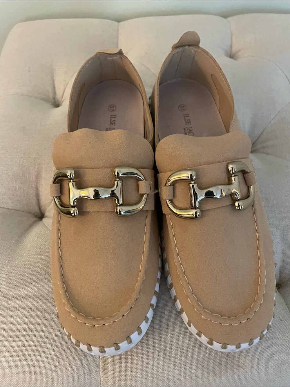 Ilse Jacobsen Tan Suede Loafers with Gold Bit Hardware